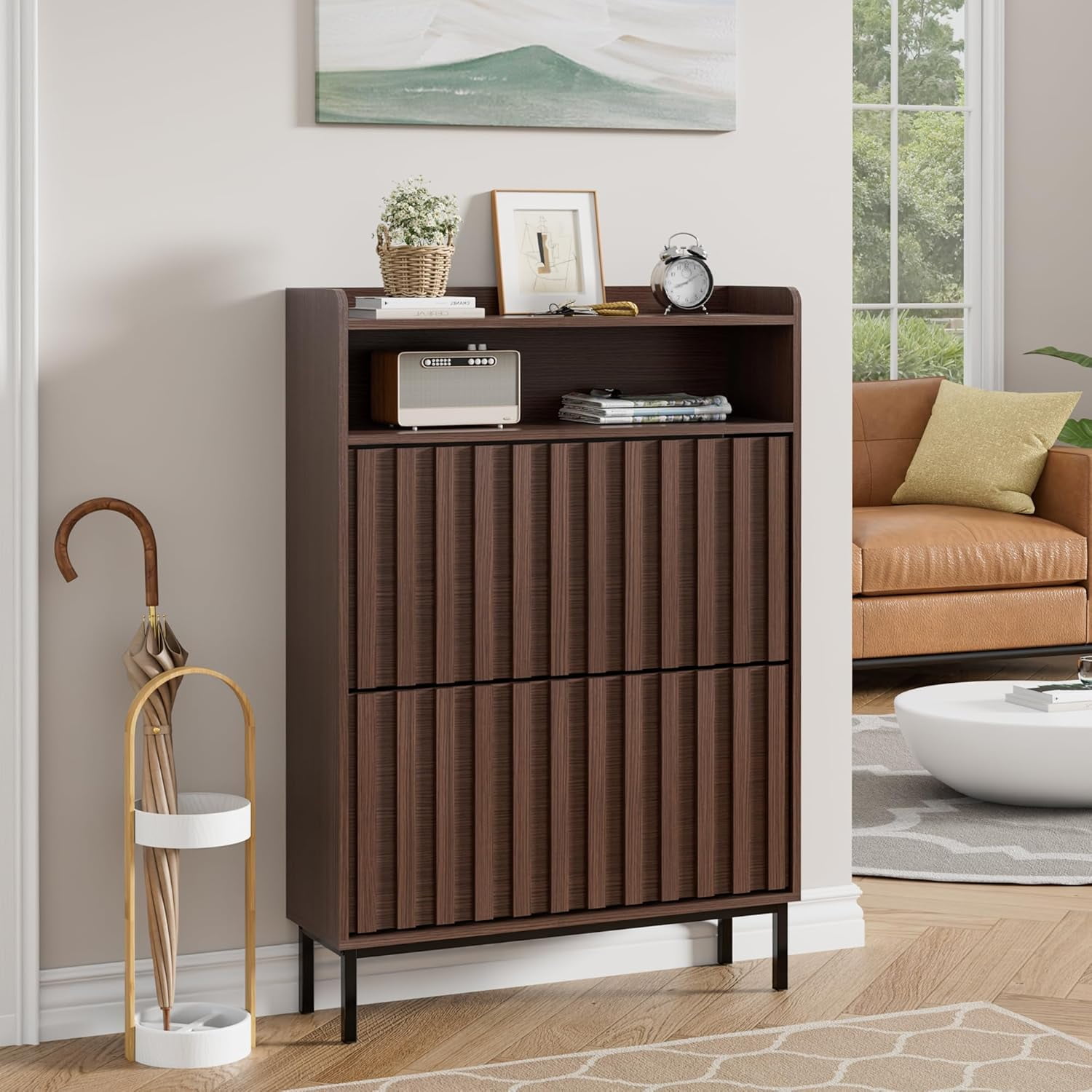 UEV Shoe Cabinet,Walnut Shoe Storage Cabinet with 2 Drawers & Fluted ...