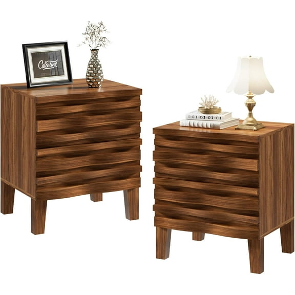 UEV Solid Wood Nightstand Set of 2, 19.7" W Boho Nightstand with 2 Drawers, Fluted Wooden Night Stand, Mid Century Modern Bed Side Table for Bedroom, Natural Wood