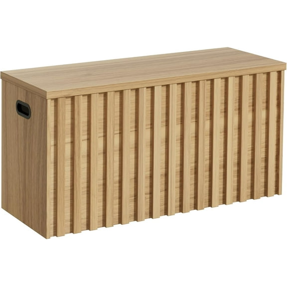 UEV Storage ,39.4" Wood Box, Storage Trunk with 2 Safety Hinges, Ottoman Storage Chest, Fluted Storage  for Bedroom, Entryway, Living Room(Natural Wood)