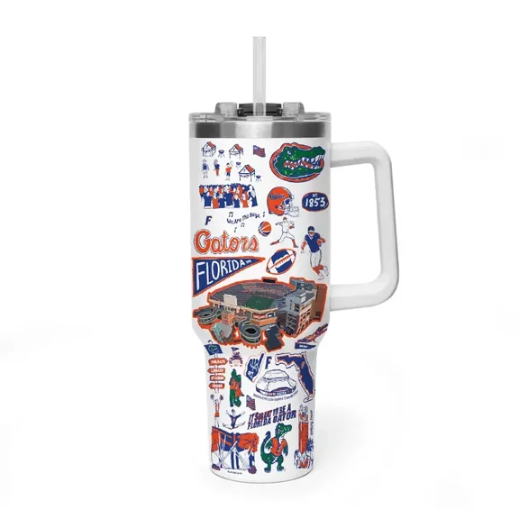 UF Gators 40oz Tumbler with Handle & Straw, College Football Insulated Cup, Game Day Drinkware, Football Fan Gift