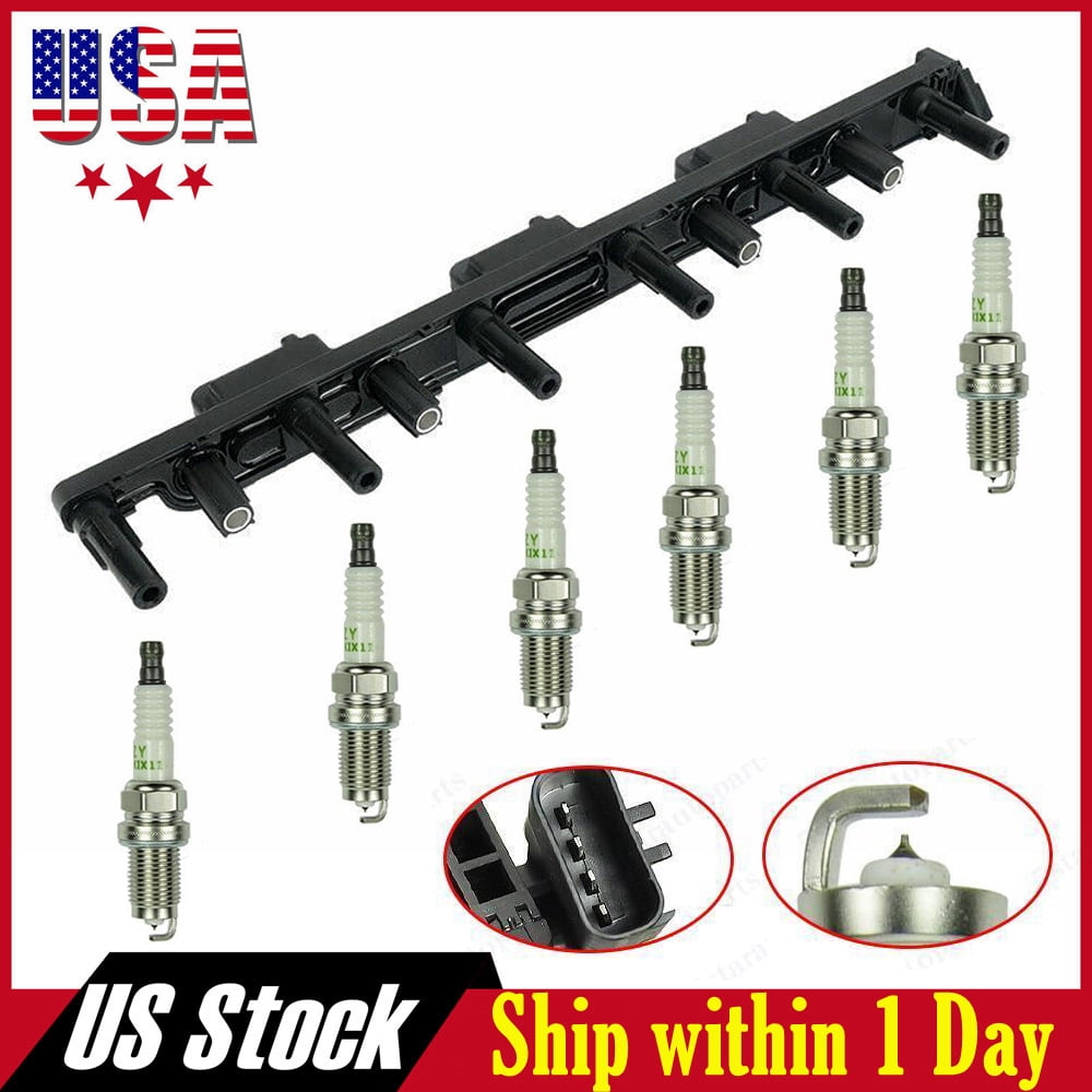 UF296 Ignition Coil Pack and 6PCS Iridium Spark Plugs for 2000-2004 Jeep Grand Cherokee 2000-2006 Wrangler TJ 4.0L L6 Replaces 56041476AA, 56041476AB