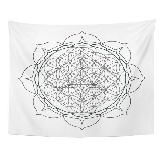 UFAEZU Abstract Contour Monochrome Design Mandala Sacred Geometry Seed Life Merkaba Lotus White Alchemy Black Circle Energy Wall Art Hanging Tapestry Home Decor for Living Room Bedroom Dorm 51x60 inch