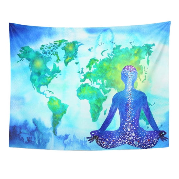UFAEZU Abstract Human Meditator Chakra Universe Power World Map Blue Green Watercolor Wall Art Hanging Tapestry Home Decor for Living Room Bedroom Dorm 51x60 inch
