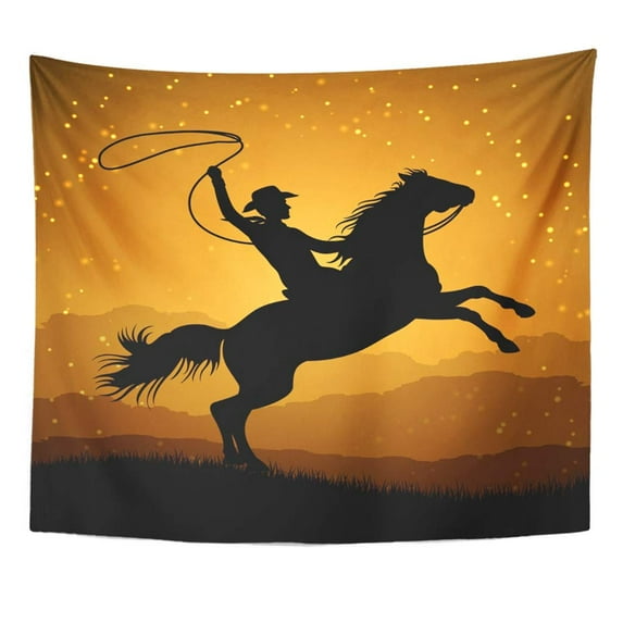 UFAEZU Action Silhouette Cowboy with Lasso on Rearing Horse Man with Sunrise Adult Wall Art Hanging Tapestry Home Decor for Living Room Bedroom Dorm 51x60 inch