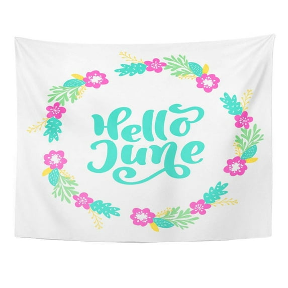 UFAEZU Alphabet Hello June Lettering Text and Wreath Flower Summer Minimalistic Phrase on Brush Wall Art Hanging Tapestry Home Decor for Living Room Bedroom Dorm 51x60 inch