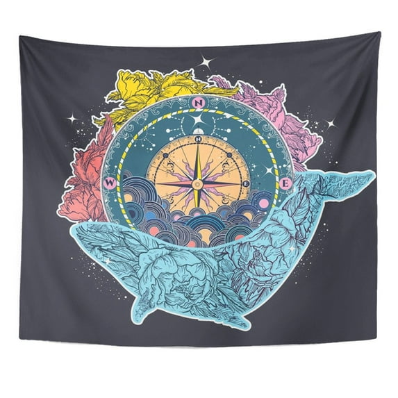 UFAEZU Antique Compass and Floral Whale Tattoo Mystical Symbol Adventure Dreams Wall Art Hanging Tapestry Home Decor for Living Room Bedroom Dorm 60x80 inch