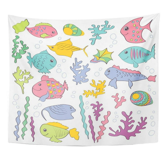 UFAEZU Aquatic Cartoon Fishes and Seaweeds White Aquarium Baby Beach Wall Art Hanging Tapestry Home Decor for Living Room Bedroom Dorm 51x60 inch