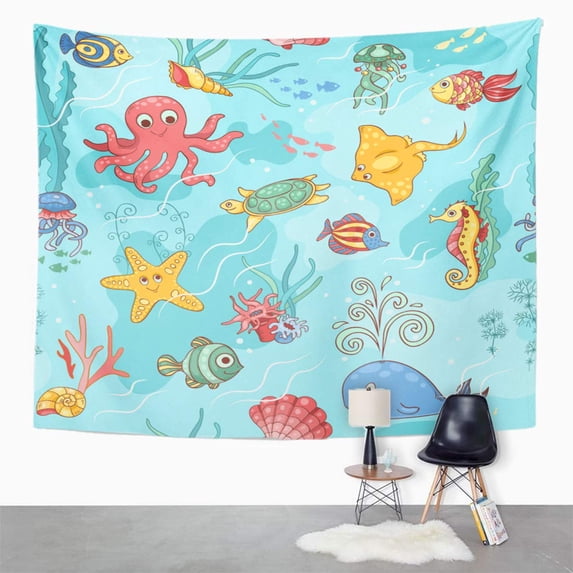 UFAEZU Aquatic Sea Life Pattern Blue Cartoon Actinium Bright Wall Art Hanging Tapestry Home Decor for Living Room Bedroom Dorm 60x80 inch