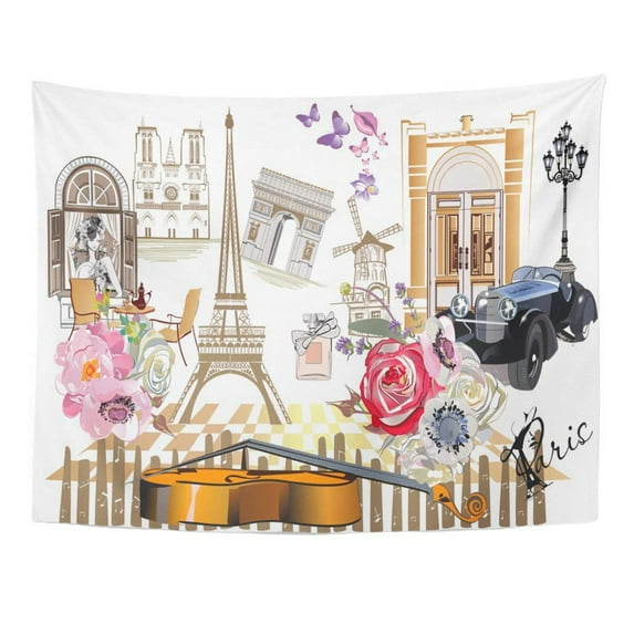 UFAEZU Architecture Paris Girls Cafes and Musicians Bicycle Car City Coffee Wall Art Hanging Tapestry Home Decor for Living Room Bedroom Dorm 51x60 inch
