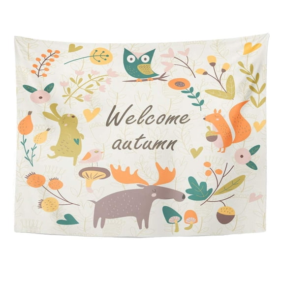 UFAEZU Autumn Forest with Cute Squirrel Hare Owl Elk Birds Mushrooms and Flowers Wall Art Hanging Tapestry Home Decor for Living Room Bedroom Dorm 60x80 inch