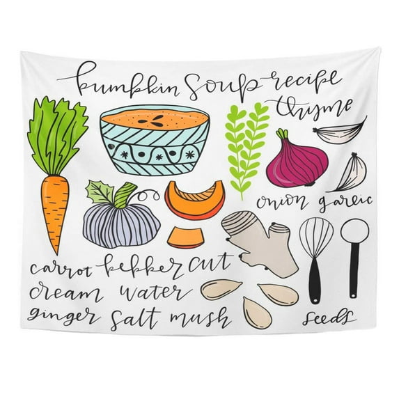 UFAEZU Baking Doodle Step by Pumpkin Soup Recipe Vintage Cooking Book Biscuits Cafe Wall Art Hanging Tapestry Home Decor for Living Room Bedroom Dorm 51x60 inch