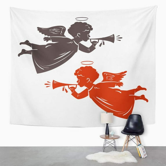UFAEZU Biblical Christmas Angel Plays The Trumpet Silhouette Cherub Wall Art Hanging Tapestry Home Decor for Living Room Bedroom Dorm 60x80 inch