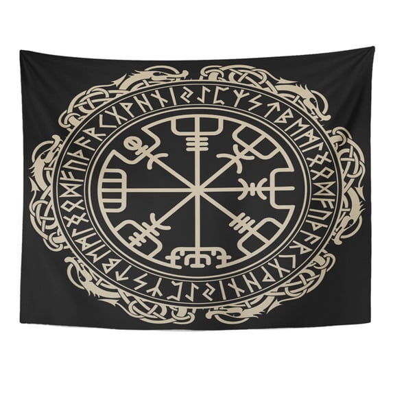 UFAEZU Black Celtic Viking Magical Runic Compass Vegvisir in The Circle Norse Runes Wall Art Hanging Tapestry Home Decor for Living Room Bedroom Dorm 51x60 inch