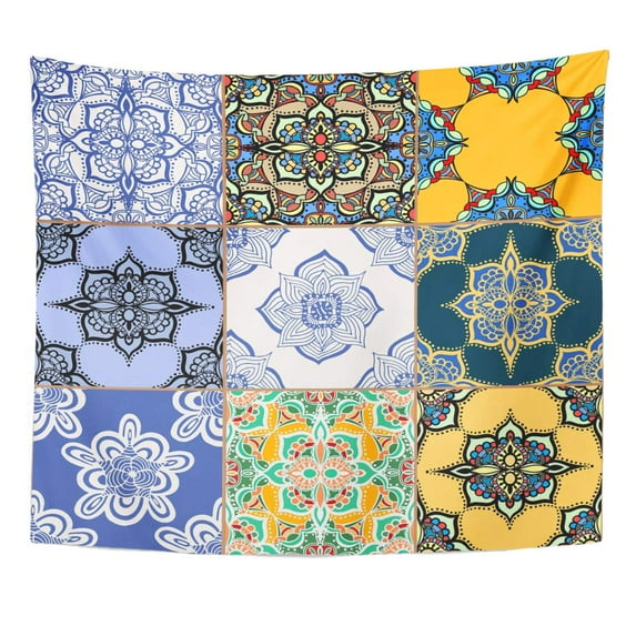 UFAEZU Blue Branch Gorgeous White Colorful Moroccan Portuguese Tiles Azulejo Ornaments Pattern Fills Colors Wall Art Hanging Tapestry Home Decor for Living Room Bedroom Dorm 60x80 inch