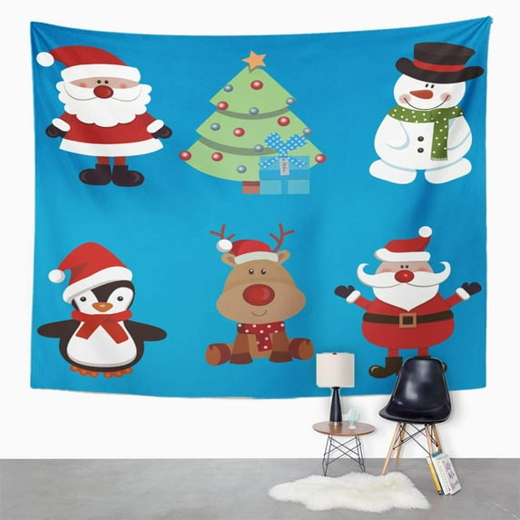 UFAEZU Blue Christmas Santa Claus Penguin Tree Snowman and Reindeer Red Wall Art Hanging Tapestry Home Decor for Living Room Bedroom Dorm 51x60 inch