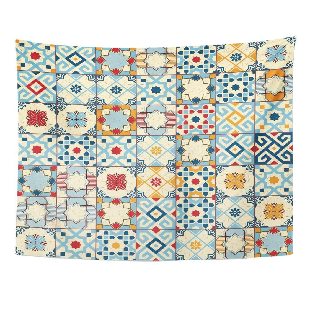 UFAEZU Blue Interior Gorgeous White Colorful Moroccan Portuguese Tiles Azulejo Ornaments Pattern Fills Oriental Wall Art Hanging Tapestry Home Decor for Living Room Bedroom Dorm 60x80 inch