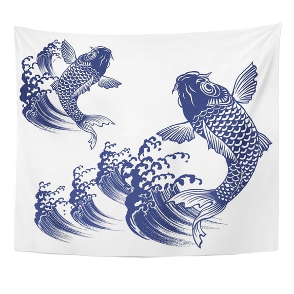 UFAEZU Blue Wave Carp Graphic Tattoo Active Agility Cheerful Wall Art Hanging Tapestry Home Decor for Living Room Bedroom Dorm 60x80 inch