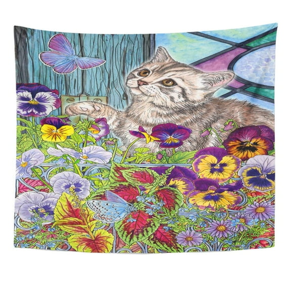 UFAEZU Brown Realistic Black Painting Kitty Butterflies Pansies Blue Cat Green Active Wall Art Hanging Tapestry Home Decor for Living Room Bedroom Dorm 51x60 inch