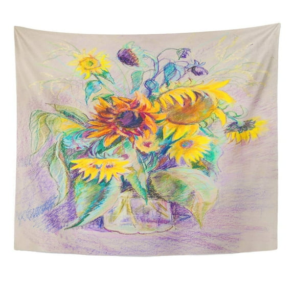 UFAEZU Bunch Autumn Bouquet Sun Flowers in Glass Vase Branches Drawing Drawn Wall Art Hanging Tapestry Home Decor for Living Room Bedroom Dorm 60x80 inch