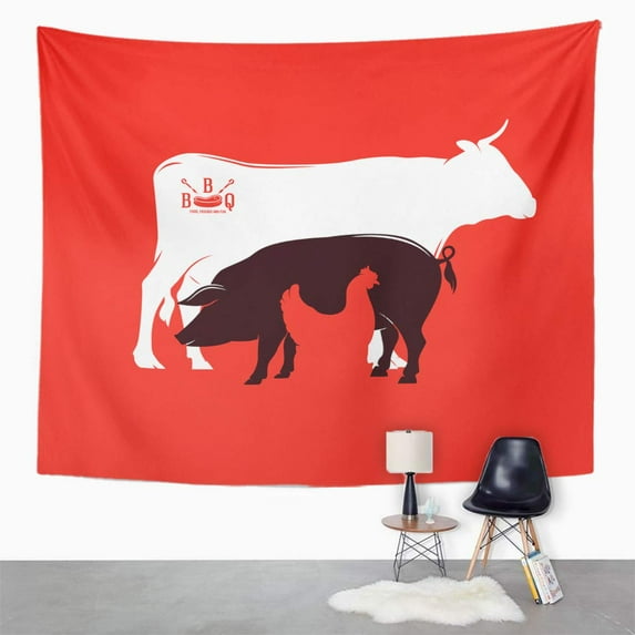 UFAEZU Butcher Silhouette Farm BBQ Time Cuts Barbecue Wall Art Hanging Tapestry Home Decor for Living Room Bedroom Dorm 51x60 inch