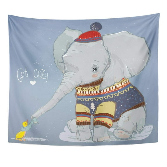 UFAEZU Cartoon Red Cute Winter Elephant White Bird Celebration Wall Art Hanging Tapestry Home Decor for Living Room Bedroom Dorm 60x80 inch