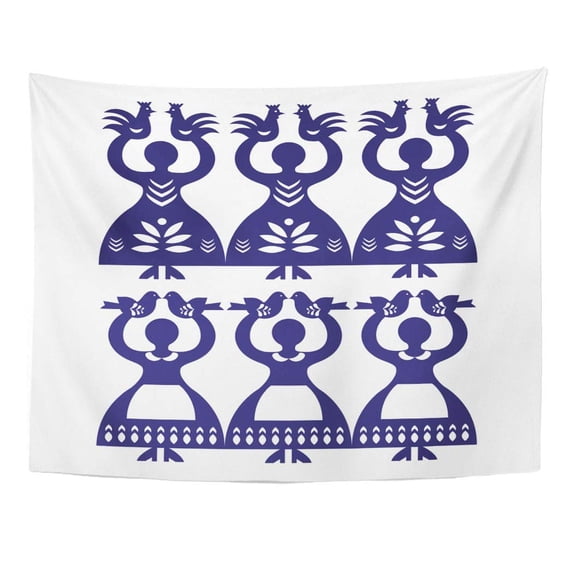 UFAEZU Chicken Polish Folk Pattern Wycinanki Kolbielskie Kolbiel Papercuts Women Holding Birds Blue Apron Wall Art Hanging Tapestry Home Decor for Living Room Bedroom Dorm 51x60 inch