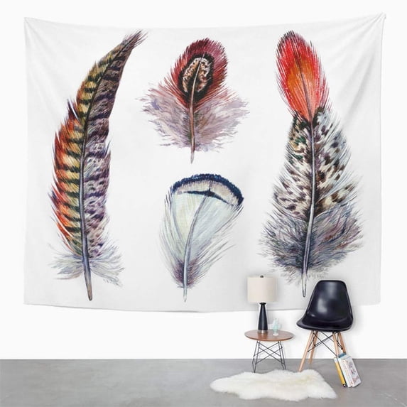UFAEZU Collection Watercolor Pheasant Feathers Wild Nature Bird Plumage Boho White Wall Art Hanging Tapestry Home Decor for Living Room Bedroom Dorm 60x80 inch