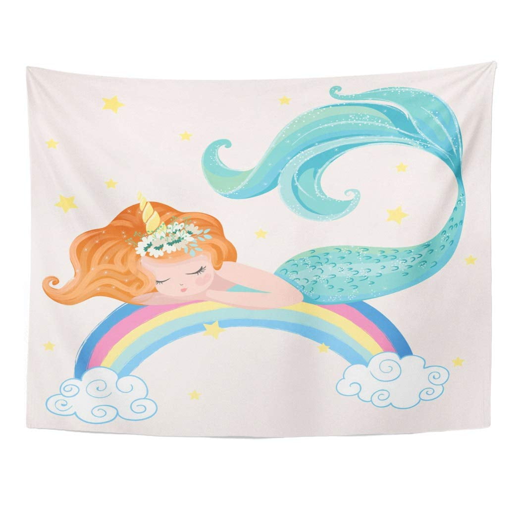 UFAEZU Colorful Girl Little Cute Mermaid on Rainbow Stars and Clouds ...