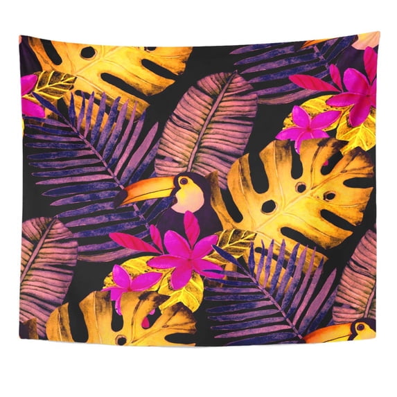 UFAEZU Colorful Aloha Beautiful Floral Summer Pattern with Tropical Palm Leaves Flamingo Hibiscus Green Wall Art Hanging Tapestry Home Decor for Living Room Bedroom Dorm 60x80 inch