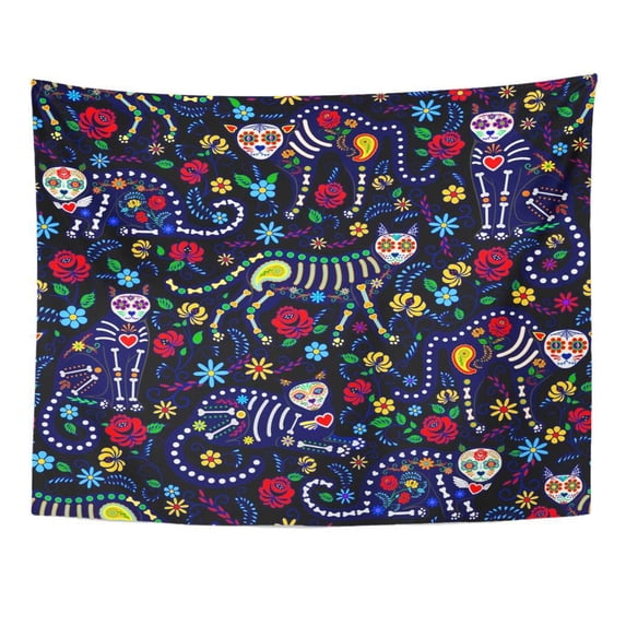 UFAEZU Colorful Day Calavera Cats and Sugar Skills for Dia De Los Muertos Dead Pattern Wall Art Hanging Tapestry Home Decor for Living Room Bedroom Dorm 60x80 inch