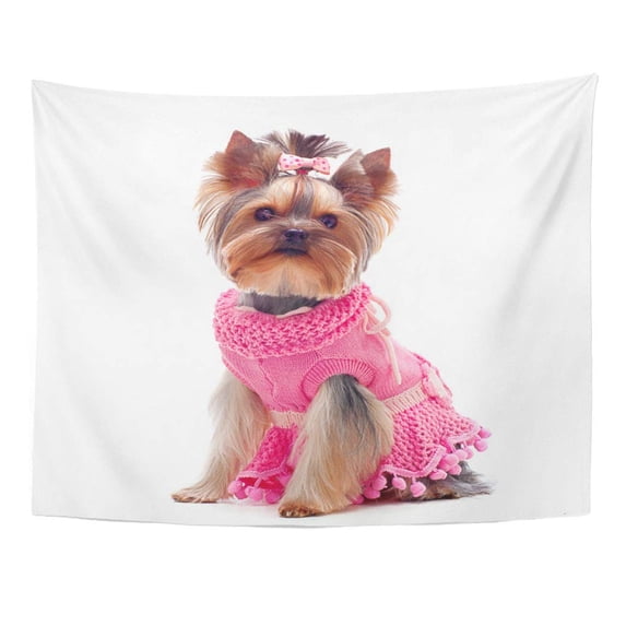 UFAEZU Dog Portrait Cute Yorkshire Terrier in Pink Dress Bow Puppy Pet Small Wall Art Hanging Tapestry Home Decor for Living Room Bedroom Dorm 60x80 inch