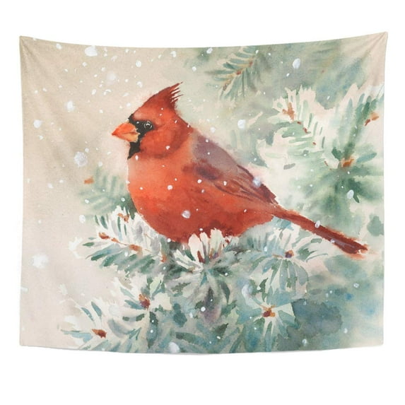 UFAEZU Fir Red Christmas Winter Cardinal Bird Hand Watercolor Tree Wall Art Hanging Tapestry Home Decor for Living Room Bedroom Dorm 51x60 inch