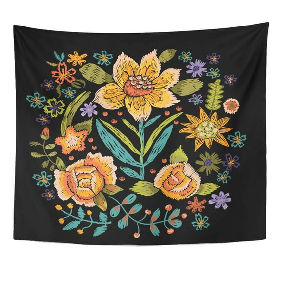 UFAEZU Flower Folk Pattern Roses and Sunflower Embroidered Floral Bouquet Wall Art Hanging Tapestry Home Decor for Living Room Bedroom Dorm 60x80 inch