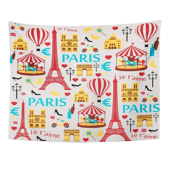 UFAEZU French Paris Pattern Travel Eiffel Sign Tower Collection Wall Art Hanging Tapestry Home Decor for Living Room Bedroom Dorm 60x80 inch