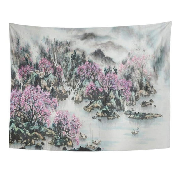 UFAEZU Green Blossom Landscape Painting Traditional Pink Cherry Ink Tree Wall Art Hanging Tapestry Home Decor for Living Room Bedroom Dorm 60x80 inch