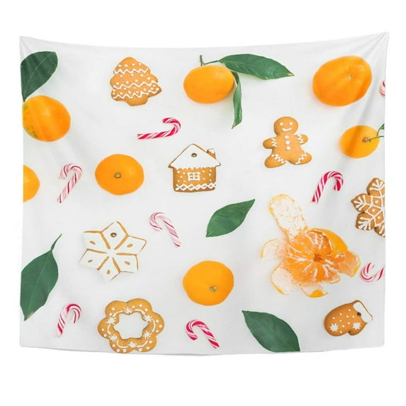 UFAEZU Green Mandarin with Leaves Candy Cane and Gingerbread on White Flat Lay Top View New Year Composition Wall Art Hanging Tapestry Home Decor for Living Room Bedroom Dorm 51x60 inch