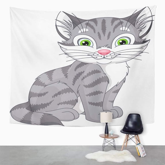 UFAEZU Grey Cat Kitten Cartoon Clip Pet Wall Art Hanging Tapestry Home Decor for Living Room Bedroom Dorm 51x60 inch