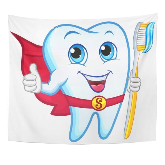 UFAEZU Happy White Smile Tooth Holding Toothbrush Smiling Dental Cartoon Wall Art Hanging Tapestry Home Decor for Living Room Bedroom Dorm 51x60 inch