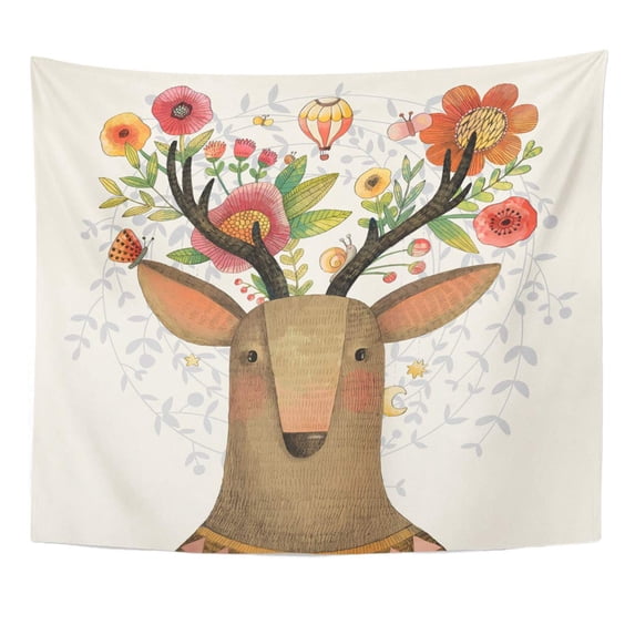 UFAEZU Incredible Deer with Awesome Flowers Lovely Spring Design in Sweet and Made Watercolor Technique Wall Art Hanging Tapestry Home Decor for Living Room Bedroom Dorm 51x60 inch
