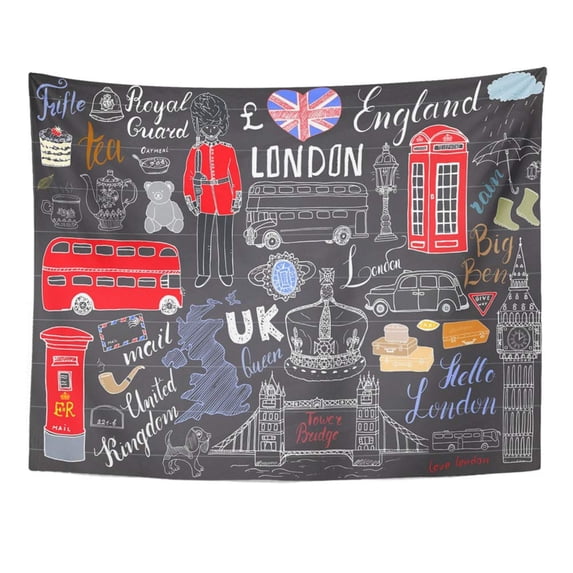 UFAEZU London City Doodles Collection with Tower Bridge Crown Big Ben Royal Guard Red Bus Wall Art Hanging Tapestry Home Decor for Living Room Bedroom Dorm 51x60 inch