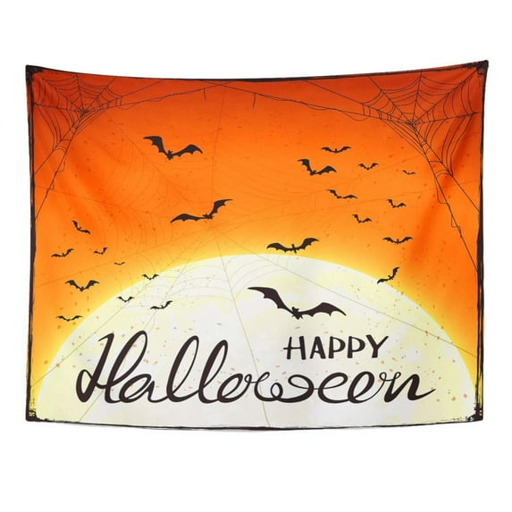 UFAEZU October Abstract Orange Halloween Moon Cobwebs and Flying Bats Lettering Happy All Wall Art Hanging Tapestry Home Decor for Living Room Bedroom Dorm 51x60 inch