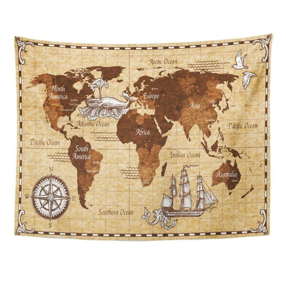 UFAEZU Old Sketch Retro World Map Lettering Doodle Hand Continent Country Drawn Wall Art Hanging Tapestry Home Decor for Living Room Bedroom Dorm 51x60 inch