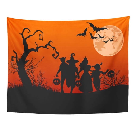 UFAEZU Orange Treat Halloween With Silhouettes Children Trick Treating In Costume Party Wall Art Hanging Tapestry Home Decor for Living Room Bedroom Dorm 51x60 inch