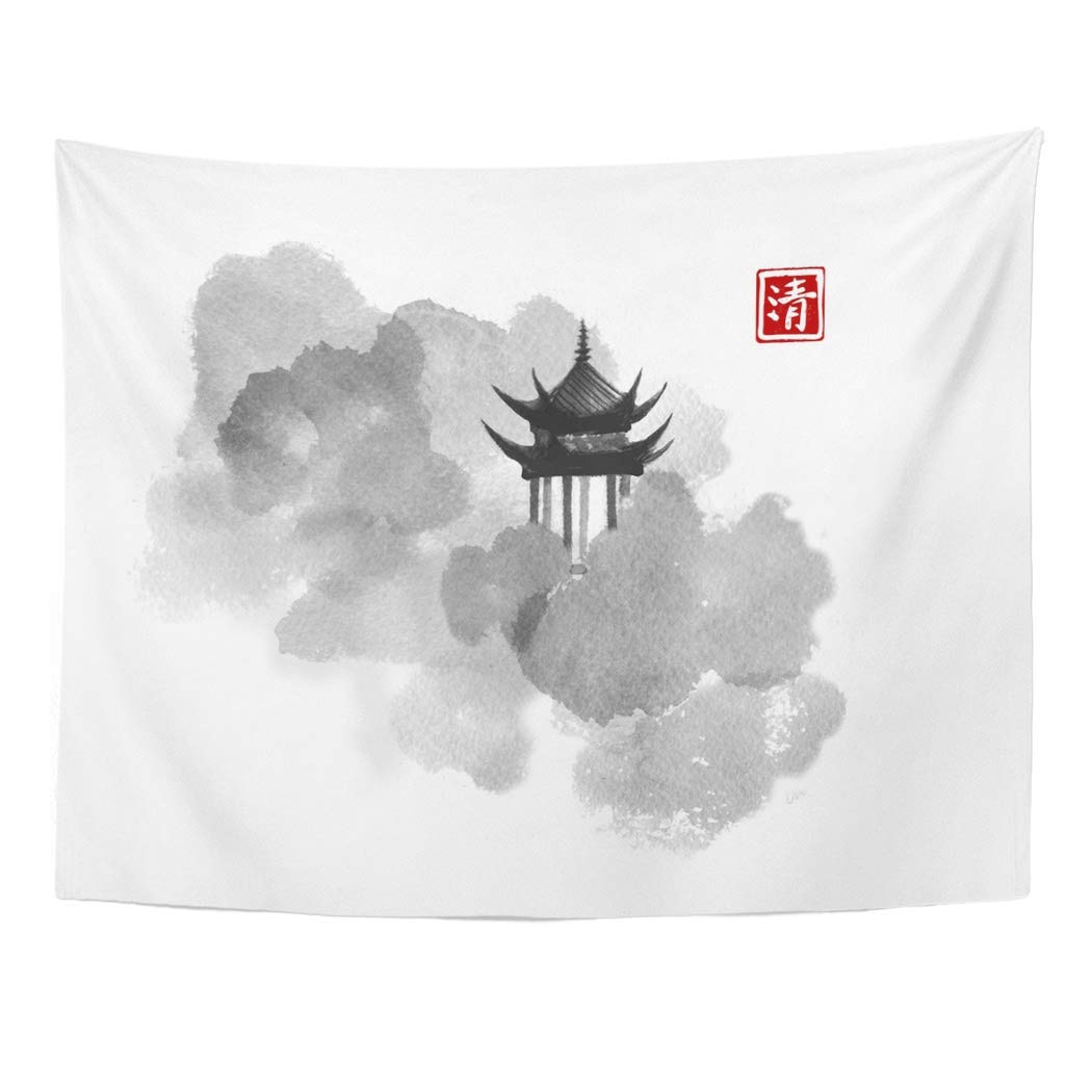 UFAEZU Pagoda Temple in Forest Trees Ink Traditional Oriental Painting Sumi E U Sin Go Hua Hieroglyph Clarity Wall Art Hanging Tapestry Home Decor for Living Room Bedroom Dorm 51x60 inch - image 1 of 1