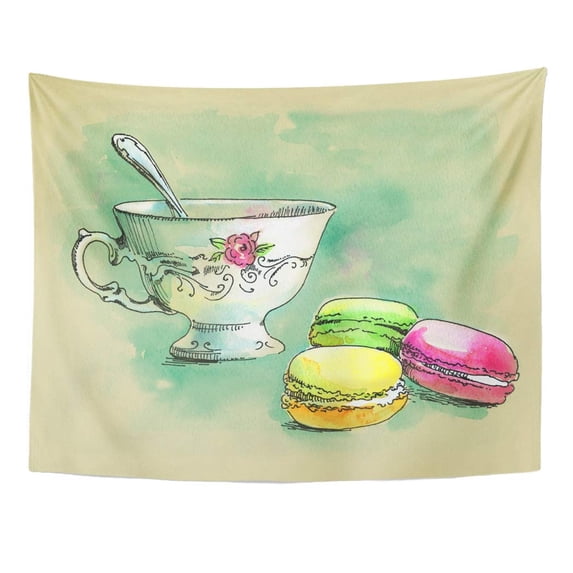 UFAEZU Party Watercolor French Dessert Macaroons Cup Tea Cake Painting Macaron Wall Art Hanging Tapestry Home Decor for Living Room Bedroom Dorm 51x60 inch