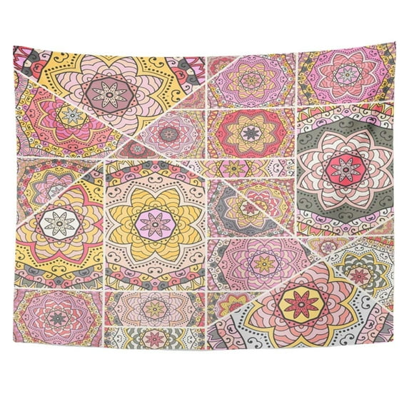 UFAEZU Patchwork Quilt Vintage Turkish Motifs for Abstract Colorful Doodle Wall Art Hanging Tapestry Home Decor for Living Room Bedroom Dorm 51x60 inch