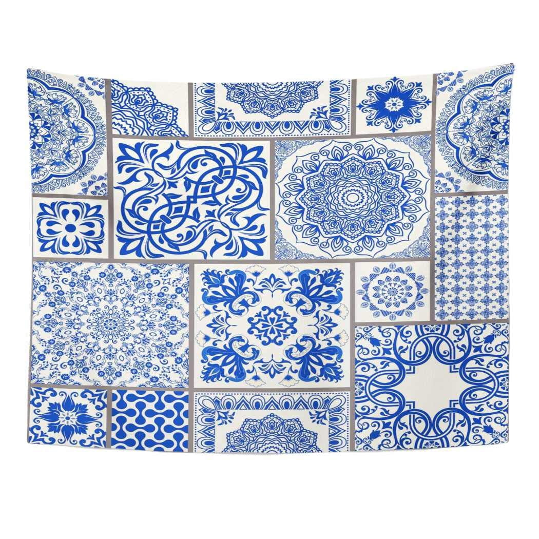 UFAEZU Patchwork Victorian Motives Majolica Pottery Blue and White Azulejo Original Traditional Portuguese Spain Wall Art Hanging Tapestry Home Decor for Living Room Bedroom Dorm 60x80 inch