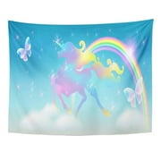 UFAEZU Rainbow in The Clouds Sky and Galloping Unicorn Luxurious Winding Mane Against Iridescent Universe Wall Art Hanging Tapestry Home Decor for Living Room Bedroom Dorm 51x60 inch