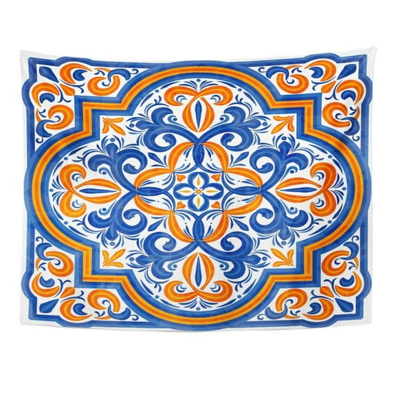UFAEZU Simple Traditional Portugal Azulejos in Blue and Yellow Color Watercolor Pattern Victorian Wall Art Hanging Tapestry Home Decor for Living Room Bedroom Dorm 51x60 inch