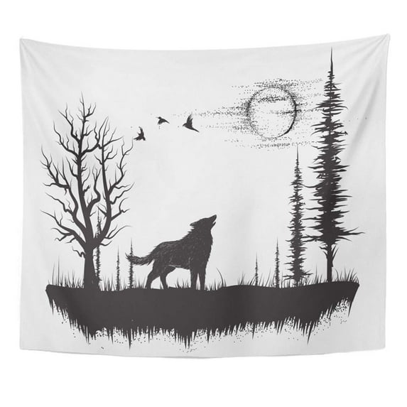 UFAEZU Sketch Wolf Howling at The Moon in Forest Scene Drawing Nature Sun Tattoo Wild Wall Art Hanging Tapestry Home Decor for Living Room Bedroom Dorm 60x80 inch